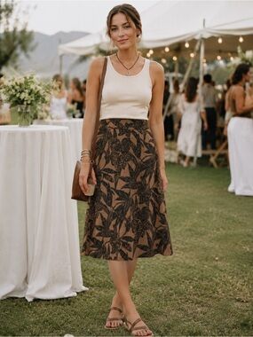100 % Linen Floral A-Line Skirt in Brown and Black